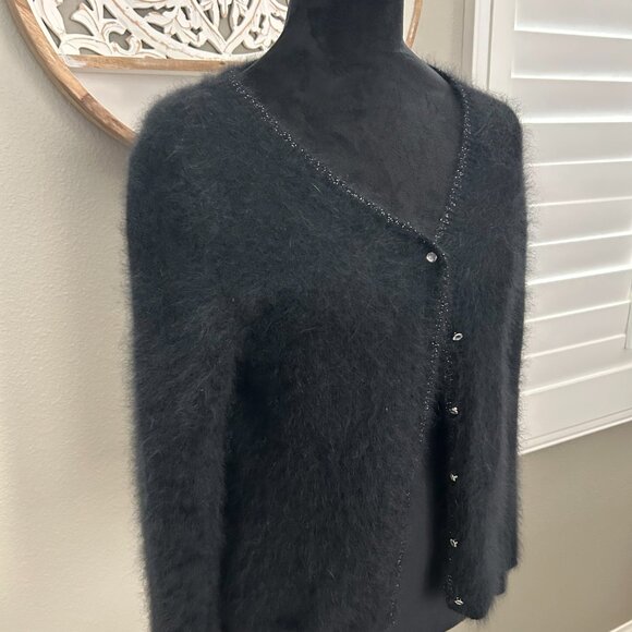 Lucidity Cardigan Sweater Black Bead Button Down Women's Angora Rabbit SZ L - Picture 3 of 7